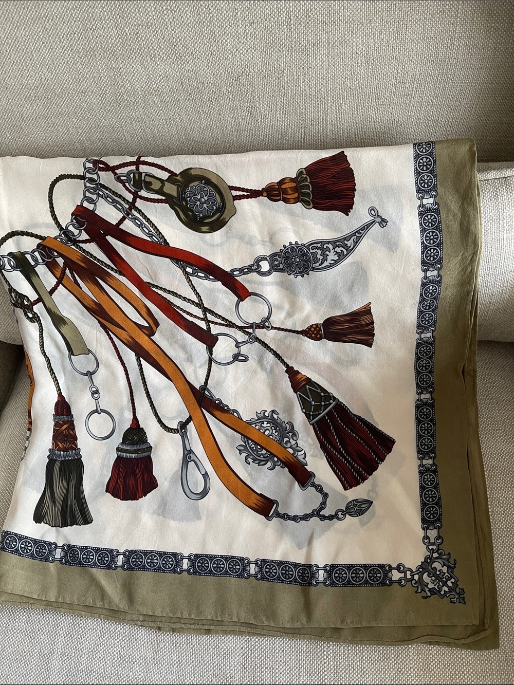 Vintage Silk-Feel Tassel & Tack Print Scarf - Ivory, Rust, Olive - Picture 5 of 7